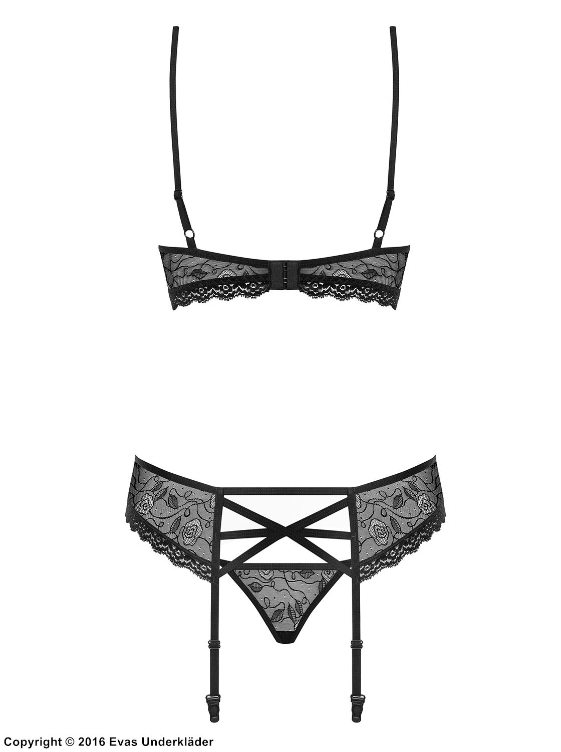 Lingerie set, rhinestones, straps over bust, lace edge, garter belt